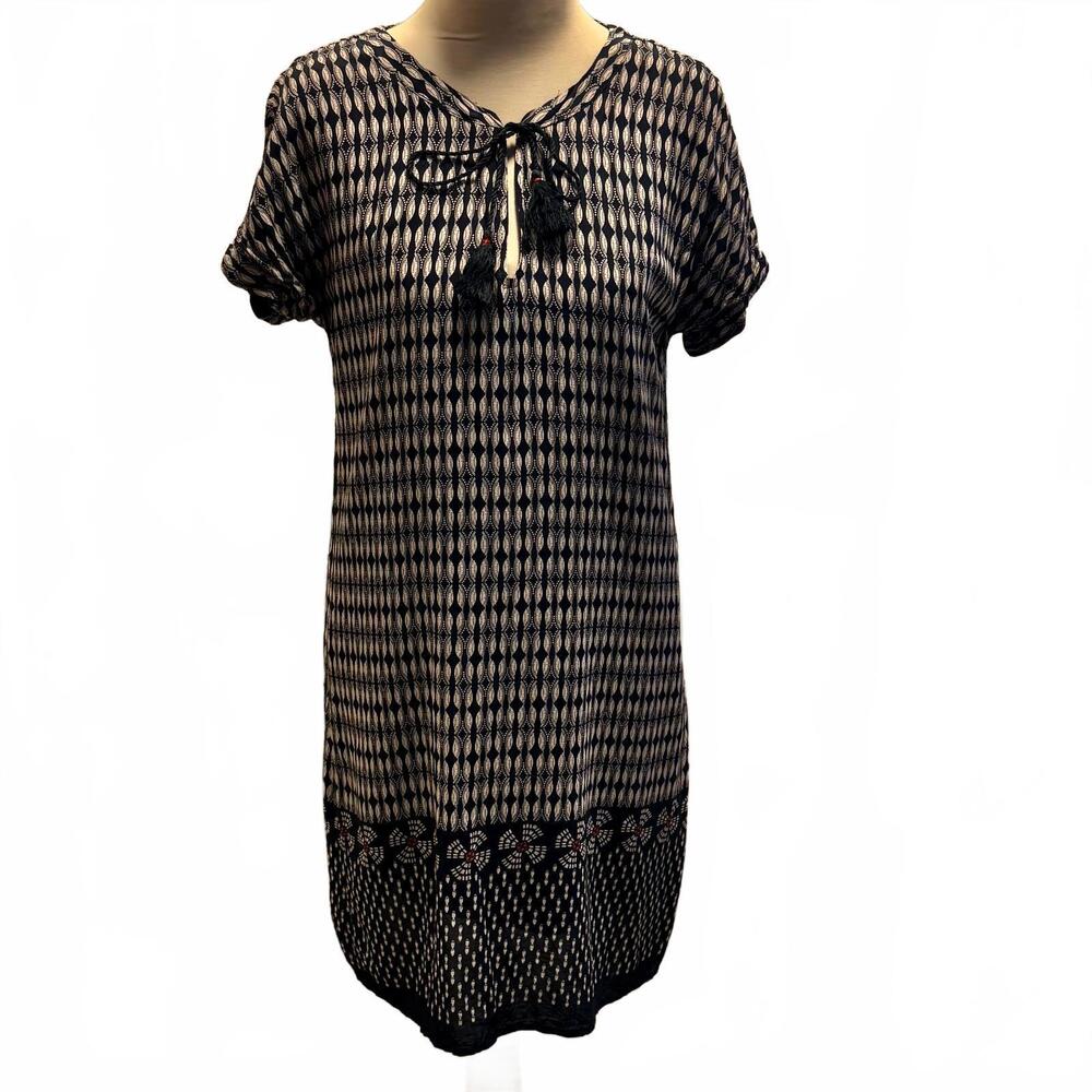 Dylan Silky Boho Print Shift Dress Short Sleeve Tassels XS